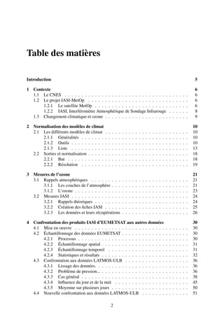 Table des matières

Introduction                                                                                                                                     5

1   Contexte                                                                                                                                     6
    1.1 Le CNES . . . . . . . . . . . . . . . . . . . . . . . . . . . . . . .                                            .   .   .   .   .   .   6
    1.2 Le projet IASI-MetOp . . . . . . . . . . . . . . . . . . . . . . . .                                             .   .   .   .   .   .   6
        1.2.1 Le satellite MetOp . . . . . . . . . . . . . . . . . . . . . .                                             .   .   .   .   .   .   6
        1.2.2 IASI, Interféromètre Atmosphérique de Sondage Infrarouge                                                   .   .   .   .   .   .   8
    1.3 Changement climatique et ozone . . . . . . . . . . . . . . . . . . .                                             .   .   .   .   .   .   9

2   Normalisation des modèles de climat                                                                                                          10
    2.1 Les différents modèles de climat     .   .   .   .   .   .   .   .   .   .   .   .   .   .   .   .   .   .   .   .   .   .   .   .   .   10
        2.1.1 Généralités . . . . . . .      .   .   .   .   .   .   .   .   .   .   .   .   .   .   .   .   .   .   .   .   .   .   .   .   .   10
        2.1.2 Outils . . . . . . . . . .     .   .   .   .   .   .   .   .   .   .   .   .   .   .   .   .   .   .   .   .   .   .   .   .   .   10
        2.1.3 Liste . . . . . . . . . .      .   .   .   .   .   .   .   .   .   .   .   .   .   .   .   .   .   .   .   .   .   .   .   .   .   13
    2.2 Sorties et normalisation . . . . .   .   .   .   .   .   .   .   .   .   .   .   .   .   .   .   .   .   .   .   .   .   .   .   .   .   18
        2.2.1 But . . . . . . . . . . .      .   .   .   .   .   .   .   .   .   .   .   .   .   .   .   .   .   .   .   .   .   .   .   .   .   18
        2.2.2 Résolution . . . . . . .       .   .   .   .   .   .   .   .   .   .   .   .   .   .   .   .   .   .   .   .   .   .   .   .   .   19

3   Mesures de l’ozone                                                                                                                           21
    3.1 Rappels atmosphériques . . . . . . . . .                 .   .   .   .   .   .   .   .   .   .   .   .   .   .   .   .   .   .   .   .   21
        3.1.1 Les couches de l’atmosphère . . .                  .   .   .   .   .   .   .   .   .   .   .   .   .   .   .   .   .   .   .   .   21
        3.1.2 L’ozone . . . . . . . . . . . . . .                .   .   .   .   .   .   .   .   .   .   .   .   .   .   .   .   .   .   .   .   23
    3.2 Mesures IASI . . . . . . . . . . . . . . .               .   .   .   .   .   .   .   .   .   .   .   .   .   .   .   .   .   .   .   .   24
        3.2.1 Rappels théoriques . . . . . . . .                 .   .   .   .   .   .   .   .   .   .   .   .   .   .   .   .   .   .   .   .   24
        3.2.2 Création des ﬁches IASI . . . . .                  .   .   .   .   .   .   .   .   .   .   .   .   .   .   .   .   .   .   .   .   25
        3.2.3 Les données et leurs récupérations                 .   .   .   .   .   .   .   .   .   .   .   .   .   .   .   .   .   .   .   .   26

4   Confrontation des produits IASI d’EUMETSAT aux autres données                                                                                30
    4.1 Mise en oeuvre . . . . . . . . . . . . . . . . . . . . . . . . . . .                                         .   .   .   .   .   .   .   30
    4.2 Échantillonnage des données EUMETSAT . . . . . . . . . . . . .                                               .   .   .   .   .   .   .   30
        4.2.1 Processus . . . . . . . . . . . . . . . . . . . . . . . . . .                                          .   .   .   .   .   .   .   30
        4.2.2 Échantillonnage spatial . . . . . . . . . . . . . . . . . . .                                          .   .   .   .   .   .   .   31
        4.2.3 Échantillonnage temporel . . . . . . . . . . . . . . . . .                                             .   .   .   .   .   .   .   31
        4.2.4 Statistiques et résultats . . . . . . . . . . . . . . . . . . .                                        .   .   .   .   .   .   .   32
    4.3 Confrontation aux données LATMOS-ULB . . . . . . . . . . . .                                                 .   .   .   .   .   .   .   36
        4.3.1 Lissage des données. . . . . . . . . . . . . . . . . . . . .                                           .   .   .   .   .   .   .   36
        4.3.2 Problème de pression... . . . . . . . . . . . . . . . . . . .                                          .   .   .   .   .   .   .   36
        4.3.3 Cas général . . . . . . . . . . . . . . . . . . . . . . . . .                                          .   .   .   .   .   .   .   38
        4.3.4 Inﬂuence du jour et de la nuit . . . . . . . . . . . . . . .                                           .   .   .   .   .   .   .   45
        4.3.5 Moyenne sur plusieurs jours . . . . . . . . . . . . . . . .                                            .   .   .   .   .   .   .   50
    4.4 Nouvelle confrontation aux données LATMOS-ULB . . . . . . .                                                  .   .   .   .   .   .   .   51

                                                     2
 