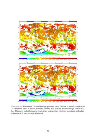 F IGURE 4.2 – Résultats de l’échantillonnage spatial sur carte. En haut, la journée complète du
1er septembre 2008, et en bas, la même journée, mais avec un échantillonnage spatial de 2.
Les différences sont difﬁcilement observables. La couverture est moins importante sur l’échan-
tillonnage de 2, sans être trop signiﬁcatif.




                                              34
 