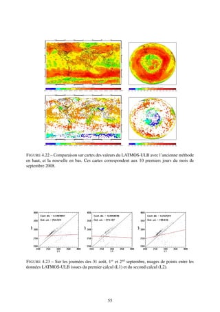 F IGURE 4.22 – Comparaison sur cartes des valeurs du LATMOS-ULB avec l’ancienne méthode
en haut, et la nouvelle en bas. Ces cartes correspondent aux 10 premiers jours du mois de
septembre 2008.




F IGURE 4.23 – Sur les journées des 31 août, 1er et 2nd septembre, nuages de points entre les
données LATMOS-ULB issues du premier calcul (L1) et du second calcul (L2).




                                             55
 