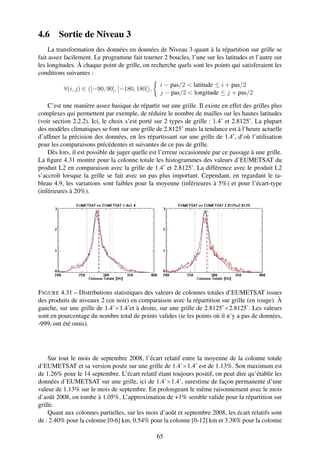 4.6     Sortie de Niveau 3
     La transformation des données en données de Niveau 3 quant à la répartition sur grille se
fait assez facilement. Le programme fait tourner 2 boucles, l’une sur les latitudes et l’autre sur
les longitudes. À chaque point de grille, on recherche quels sont les points qui satisferaient les
conditions suivantes :
                                                 i − pas/2 < latitude ≤ i + pas/2
          ∀(i, j) ∈ ([−90, 90], [−180, 180]),
                                                 j − pas/2 < longitude ≤ j + pas/2

    C’est une manière assez basique de répartir sur une grille. Il existe en effet des grilles plus
complexes qui permettent par exemple, de réduire le nombre de mailles sur les hautes latitudes
(voir section 2.2.2). Ici, le choix s’est porté sur 2 types de grille : 1.4˚ et 2.8125˚. La plupart
des modèles climatiques se font sur une grille de 2.8125˚ mais la tendance est à l’heure actuelle
d’afﬁner la précision des données, en les répartissant sur une grille de 1.4˚, d’où l’utilisation
pour les comparaisons précédentes et suivantes de ce pas de grille.
    Dès lors, il est possible de juger quelle est l’erreur occasionnée par ce passage à une grille.
La ﬁgure 4.31 montre pour la colonne totale les histogrammes des valeurs d’EUMETSAT du
produit L2 en comparaison avec la grille de 1.4˚ et 2.8125˚. La différence avec le produit L2
s’accroît lorsque la grille se fait avec un pas plus important. Cependant, en regardant le ta-
bleau 4.9, les variations sont faibles pour la moyenne (inférieures à 5%) et pour l’écart-type
(inférieures à 20%).




F IGURE 4.31 – Distributions statistiques des valeurs de colonnes totales d’EUMETSAT issues
des produits de niveaux 2 (en noir) en comparaison avec la répartition sur grille (en rouge). À
gauche, sur une grille de 1.4˚×1.4˚et à droite, sur une grille de 2.8125˚×2.8125˚. Les valeurs
sont en pourcentage du nombre total de points valides (ie les points où il n’y a pas de données,
-999, ont été omis).




    Sur tout le mois de septembre 2008, l’écart relatif entre la moyenne de la colonne totale
d’EUMETSAT et sa version posée sur une grille de 1.4˚×1.4˚ est de 1.13%. Son maximum est
de 1.26% pour le 14 septembre. L’écart relatif étant toujours positif, on peut dire qu’établir les
données d’EUMETSAT sur une grille, ici de 1.4˚×1.4˚, surestime de façon permanente d’une
valeur de 1.13% sur le mois de septembre. En prolongeant le même raisonnement avec le mois
d’août 2008, on tombe à 1.05%. L’approximation de +1% semble valide pour la répartition sur
grille.
    Quant aux colonnes partielles, sur les mois d’août et septembre 2008, les écart relatifs sont
de : 2.40% pour la colonne [0-6] km, 0.54% pour la colonne [0-12] km et 3.38% pour la colonne

                                                65
 