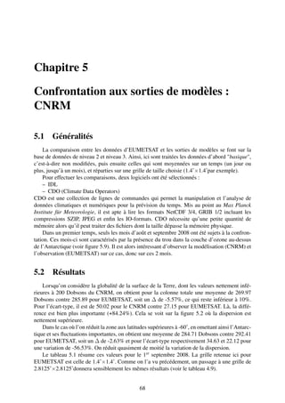 Chapitre 5

Confrontation aux sorties de modèles :
CNRM

5.1     Généralités
    La comparaison entre les données d’EUMETSAT et les sorties de modèles se font sur la
base de données de niveau 2 et niveau 3. Ainsi, ici sont traitées les données d’abord "basique",
c’est-à-dire non modiﬁées, puis ensuite celles qui sont moyennées sur un temps (un jour ou
plus, jusqu’à un mois), et réparties sur une grille de taille choisie (1.4˚×1.4˚par exemple).
    Pour effectuer les comparaisons, deux logiciels ont été sélectionnés :
    – IDL
    – CDO (Climate Data Operators)
CDO est une collection de lignes de commandes qui permet la manipulation et l’analyse de
données climatiques et numériques pour la prévision du temps. Mis au point au Max Planck
Institute für Meteorologie, il est apte à lire les formats NetCDF 3/4, GRIB 1/2 incluant les
compressions SZIP, JPEG et enﬁn les IO-formats. CDO nécessite qu’une petite quantité de
mémoire alors qu’il peut traiter des ﬁchiers dont la taille dépasse la mémoire physique.
    Dans un premier temps, seuls les mois d’août et septembre 2008 ont été sujets à la confron-
tation. Ces mois-ci sont caractérisés par la présence du trou dans la couche d’ozone au-dessus
de l’Antarctique (voir ﬁgure 5.9). Il est alors intéressant d’observer la modélisation (CNRM) et
l’observation (EUMETSAT) sur ce cas, donc sur ces 2 mois.


5.2     Résultats
    Lorsqu’on considère la globalité de la surface de la Terre, dont les valeurs nettement infé-
rieures à 200 Dobsons du CNRM, on obtient pour la colonne totale une moyenne de 269.97
Dobsons contre 285.89 pour EUMETSAT, soit un ∆ de -5.57%, ce qui reste inférieur à 10%.
Pour l’écart-type, il est de 50.02 pour le CNRM contre 27.15 pour EUMETSAT. Là, la diffé-
rence est bien plus importante (+84.24%). Cela se voit sur la ﬁgure 5.2 où la dispersion est
nettement supérieure.
    Dans le cas où l’on réduit la zone aux latitudes supérieures à -60˚, en omettant ainsi l’Antarc-
tique et ses ﬂuctuations importantes, on obtient une moyenne de 284.71 Dobsons contre 292.41
pour EUMETSAT, soit un ∆ de -2.63% et pour l’écart-type respectivement 34.63 et 22.12 pour
une variation de -56.53%. On réduit quasiment de moitié la variation de la dispersion.
    Le tableau 5.1 résume ces valeurs pour le 1er septembre 2008. La grille retenue ici pour
EUMETSAT est celle de 1.4˚×1.4˚. Comme on l’a vu précédement, un passage à une grille de
2.8125˚×2.8125˚donnera sensiblement les mêmes résultats (voir le tableau 4.9).


                                                68
 