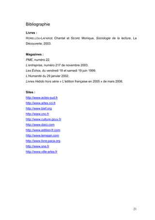 Bibliographie
Livres :
HORELLOU-LAFARGE Chantal et SEGRE Monique, Sociologie de la lecture, La
Découverte, 2003.


Magazines :
PME, numéro 22.
L’entreprise, numéro 217 de novembre 2003.
Les Échos, du vendredi 18 et samedi 19 juin 1999.
L’Humanité du 29 janvier 2002.
Livres Hebdo hors série « L’édition française en 2005 » de mars 2006.


Sites :
http://www.actes-sud.fr
http://www.arles.cci.fr
http://www.bief.org
http://www.cnc.fr
http://www.culture.gouv.fr
http://www.daici.com
http://www.edition-fr.com
http://www.lemejan.com
http://www.livre-paca.org
http://www.sne.fr
http://www.ville-arles.fr




                                                                        21
 
