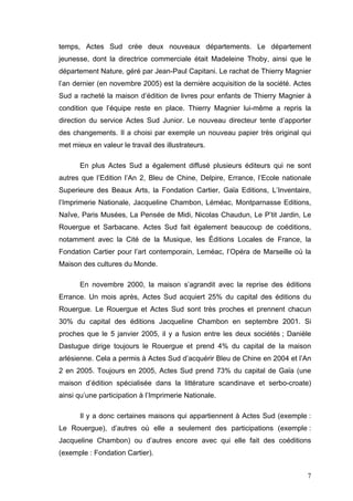 temps, Actes Sud crée deux nouveaux départements. Le département
jeunesse, dont la directrice commerciale était Madeleine Thoby, ainsi que le
département Nature, géré par Jean-Paul Capitani. Le rachat de Thierry Magnier
l’an dernier (en novembre 2005) est la dernière acquisition de la société. Actes
Sud a racheté la maison d’édition de livres pour enfants de Thierry Magnier à
condition que l’équipe reste en place. Thierry Magnier lui-même a repris la
direction du service Actes Sud Junior. Le nouveau directeur tente d’apporter
des changements. Il a choisi par exemple un nouveau papier très original qui
met mieux en valeur le travail des illustrateurs.

       En plus Actes Sud a également diffusé plusieurs éditeurs qui ne sont
autres que l’Edition l’An 2, Bleu de Chine, Delpire, Errance, l’Ecole nationale
Superieure des Beaux Arts, la Fondation Cartier, Gaϊa Editions, L’Inventaire,
l’Imprimerie Nationale, Jacqueline Chambon, Léméac, Montparnasse Editions,
Naîve, Paris Musées, La Pensée de Midi, Nicolas Chaudun, Le P’tit Jardin, Le
Rouergue et Sarbacane. Actes Sud fait également beaucoup de coéditions,
notamment avec la Cité de la Musique, les Éditions Locales de France, la
Fondation Cartier pour l’art contemporain, Leméac, l’Opéra de Marseille où la
Maison des cultures du Monde.

       En novembre 2000, la maison s’agrandit avec la reprise des éditions
Errance. Un mois après, Actes Sud acquiert 25% du capital des éditions du
Rouergue. Le Rouergue et Actes Sud sont très proches et prennent chacun
30% du capital des éditions Jacqueline Chambon en septembre 2001. Si
proches que le 5 janvier 2005, il y a fusion entre les deux sociétés ; Danièle
Dastugue dirige toujours le Rouergue et prend 4% du capital de la maison
arlésienne. Cela a permis à Actes Sud d’acquérir Bleu de Chine en 2004 et l’An
2 en 2005. Toujours en 2005, Actes Sud prend 73% du capital de Gaϊa (une
maison d’édition spécialisée dans la littérature scandinave et serbo-croate)
ainsi qu’une participation à l’Imprimerie Nationale.

       Il y a donc certaines maisons qui appartiennent à Actes Sud (exemple :
Le Rouergue), d’autres où elle a seulement des participations (exemple :
Jacqueline Chambon) ou d’autres encore avec qui elle fait des coéditions
(exemple : Fondation Cartier).


                                                                              7
 
