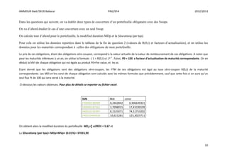 AMMOUR Badr/SECK Babacar FIN2/EFA 2012/2013
10
Dans les questions qui suivent, on va établir deux types de couverture d’un portefeuille obligataire avec des Swaps
On va d’abord étudier le cas d’une couverture avec un seul Swap.
On calcule tout d’abord pour le portefeuille, la modified duration MDp et la $Durationp (per bps)
Pour cela on utilise les données reportées dans le tableau de la fin de question 2 (valeurs de R(0,t) et facteurs d’actualisation), et on utilise les
données pour les maturités correspondant à celles des obligations de mon portefeuille.
Le prix de ces obligations, étant des obligations zéro-coupon, correspond à la valeur actuelle de la valeur de remboursement de ces obligations. A noter que
pour les maturités inférieure à un an, on utilise la formule : ( 1 + R(0,t) x t )^-1
. Ainsi, P0 = 100 x facteur d’actualisation de maturité correspondante. On en
déduit la MVi de chaque obligation qui est égale au produit P0×Par value, et les αi.
Etant donné que les obligations sont des obligations zéro-coupon, les YTM de ces obligations est égal au taux zéro-coupon R(0,t) de la maturité
correspondante. Les MDi et les convi de chaque obligation sont calculés avec les mêmes formules que précédemment, sauf que cette fois-ci on aura qu’un
seul flux Ft de 100 qui sera versé à la maturité.
Ci-dessous les valeurs obtenues. Pour plus de détails se reporter au fichier excel.
ISIN Mdi convi
FR0000188989 0,2462842 0,306649321
FR0000187361 3,7098015 17,43199109
FR0010192997 8,1525071 74,51753202
FR0010466938 10,621281 123,3023711
On obtient alors la modified duration du portefeuille MDp=∑ = 5.67 et
La $Durationp (per bps)= MDp×MVp× (0.01%)= 37033,90
 
