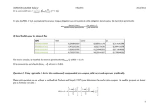 AMMOUR Badr/SECK Babacar FIN2/EFA 2012/2013
3
Et la convexité Convi = ).
En plus des MDi, il faut aussi calculer les αi pour chaque obligation qui est le poids de cette obligation dans la valeur de marché du portefeuille :
αi= =
Cf. Excel feuille1, pour les tables de flux
ISIN Mdi convi αi
FR0000188989 -0,245843507 0,305553179 0,157826249
FR0000187361 -3,472252201 16,02775636 0,399415678
FR0010192997 -7,024319795 61,14948203 0,071864042
FR0010466938 -8,750237591 94,29144387 0,370894031
On trouve ensuite, la modified duration du portefeuille MDpofolio=∑ = -5.175
Et la convexité du portefeuille Convp = =∑ = 45.816
Question 2: Using Appendix 1, derive the continuously compounded zero-coupon yield curve and represent graphically.
Dans cette question, on va utiliser la méthode de Nielson and Siegel (1987) pour déterminer la courbe zéro-coupon. Le modèle proposé est donné
par la formule suivante :
 