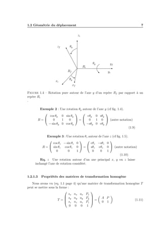 1.2 Géométrie du déplacement

7
zi

zf

θy

Ri

θy

Rf
xi

yf
yi

θy
xf

Figure 1.4 – Rotation pure autour de l’axe y d’un repère Rf par rapport à un
repère Ri
.
Exemple 2 :

cos θy
0
R=
− sin θy

Une rotation θy autour de l’axe y (cf ﬁg. 1.4).
 

0 sin θy
cθy 0 sθy
1
0 = 0
1 0  (autre notation)
0 cos θy
−sθy 0 cθy
(1.9)

Exemple 3 : Une rotation θz autour de l’axe z (cf ﬁg. 1.5).

 

cos θz − sin θz 0
cθz −sθz 0
R =  sin θz cos θz 0  =  sθz cθz 0  (autre notation)
0
0
1
0
0
1
(1.10)
Rq. : Une rotation autour d’un axe principal x, y ou z laisse
inchangé l’axe de rotation considéré.

1.2.1.3

Propriétés des matrices de transformation homogène

Nous avons vu (eq. 1.1 page
peut se mettre sous la forme :

sx
 sy
T =
 sz
0

4) qu’une matrice de transformation homogène T

nx ax Px
ny ay Py 
=
nz az Pz 
0 0 1

A P
0 1

(1.11)

 