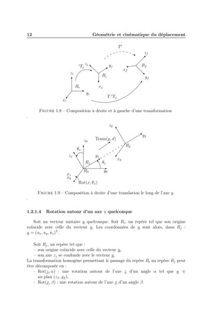 12

Géométrie et cinématique du déplacement
T′
zf
i

Tj

zj

yj

zi

xf

Rj

Rf
yf

xj

Ri
yi

T.i Tj

xi

Figure 1.8 – Composition à droite et à gauche d’une transformation
.
z2
z0

y2

Trans(y, d)
R2

θx
z1

y1
R1

x1
x0

R0

θx

x2

y0

Rot(x, θx )
Figure 1.9 – Composition à droite d’une translation le long de l’axe y
.
1.2.1.4

Rotation autour d’un axe u quelconque

Soit un vecteur unitaire u quelconque. Soit Ri , un repère tel que son origine
coïncide avec celle du vecteur u. Les coordonnées de u sont alors, dans Rj :
u = (ux , uy , uz )T .
Soit Rj , un repère tel que :
– son origine coïncide avec celle du vecteur u,
– son axe zj se confonde avec le vecteur u.
La transformation homogène permettant le passage du repère Ri au repère Rj peut
être décomposée en :
– Rot(z, α) : une rotation autour de l’axe z d’un angle α tel que u ∈
au plan (zf , yf ),
– Rot(x, β) : une rotation autour de l’axe x d’un angle β.

 