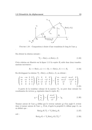 1.2 Géométrie du déplacement

13
z2
y2

z0
R2
θx
y0

z1

x2
R1

Trans(y, d)

R0

Rot(x, θx )

x0

y1

x1

Figure 1.10 – Composition à droite d’une translation le long de l’axe y
.
On obtient la relation suivante :
i

Tj = Rot(z, α).Rot(x, β)

(1.33)

Cette relation est illustrée sur la ﬁgure 1.11 Le repère Ri subit donc deux transformations successives :
Ri == Rot(z, α) ==> Rf == Rot(x, β) ==> Rj

(1.34)

En développant la relation i Tj =Rot(z, α).Rot(x, β), on obtient :

cα −sα.cβ sα.sβ 0
  sα cα.cβ −cα.sβ 0 

=
  0
sβ
cβ
0 
0
0
0
1
(1.35)
i
A partir de la troisième colonne de la matrice Tj , on peut donc extraire les
coordonnées du vecteur u, exprimées dans le repère Ri :

 

ux
sα.sβ
u =  uy  =  −cα.sβ  = i aj
(1.36)
uz
cβ
 
1 0
0 0
cα −sα 0 0
 sα cα 0 0   0 cβ −sβ 0
.

 0
0 1 0   0 sβ cβ 0
0 0
0 1
0
0 0 1






Tourner autour de l’axe u (déﬁni par le vecteur unitaire u) d’un angle θ, revient
donc à tourner autour de l’axe zj . D’où, d’après la propriété 8, déﬁnie page 11, on
en déduit que :
Rot(u, θ).i Tj =i Tj .Rot(z, θ)
(1.37)
soit :
Rot(u, θ) =i Tj .Rot(z, θ).(i Tj )−1

(1.38)

 