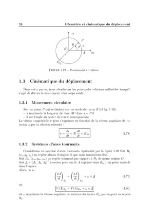 24

Géométrie et cinématique du déplacement
zf
P
R
Rf

θ s
A

yf

xf
Figure 1.19 – Mouvement circulaire.
.

1.3

Cinématique du déplacement

Dans cette partie, nous aborderons les principales relations utilisables lorsqu’il
s’agit de décrire le mouvement d’un corps solide.

1.3.1

Mouvement circulaire

Soit un point P qui se déplace sur un cercle de rayon R (cf ﬁg. 1.19) :
– s représente la longueur de l’arc AP donc s = R.θ
– θ est l’angle au centre du cercle correspondant
La vitesse tangentielle ν peut s’exprimer en fonction de la vitesse angulaire de rotation ω par la relation suivante :
ν=

1.3.2

dθ
ds
= R. = R.ω
dt
dt

(1.78)

Systèmes d’axes tournants

Considérons un système d’axes tournants représenté par la ﬁgure 1.20 Soit Rf
(xz , yf , zf ) un repère absolu d’origine O que nous considérons ﬁxe.
Soit Rm (xm , ym , zm ) un repère tournant par rapport à Rf de même origine O.
Soit A = (A1 , A2 , A3 )T (vecteur position de A exprimé dans Rm ), un point variable
dans l’espace.
Alors, on a :
dA
dA
(1.79)
=
+ω∧A
dt
dt
Rf

Rm

où
V (A)Rf = V (A)Rm + ω ∧ A

(1.80)

où ω représente la vitesse angulaire de rotation du repère Rm par rapport au repère
Rf .

 