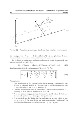 32

Modélisation géométrique des robots - Commande en position des
robots
xj

zj−1

θj

zj

Oj
αj

rj
xj−1

dj

Oj−1
Figure 2.2 – Paramètres géométriques dans le cas d’une structure ouverte simple.
.
On remarque que : j−1 Aj = Rot(x, αj ).Rot(z, θj ) car les opérations de rotations/translations successives sur un même axe sont commutatives.
On en déduit la matrice de transformation homogène inverse permettant le passage du repère Rj au repère Rj−1 .
j

Tj−1 = Trans(z, −rj ).Rot(z, −θj ).Trans(x, −dj ).Rot(x, −αj )

dont l’expression littérale est la suivante (j Aj−1 = (j−1Aj )T ) :

Cθj Cαj .Sθj Sαj .Sθj −dj .Cθj
 −Sθj Cαj .Cθj Sαj .Cθj dj .Sθj
j
Tj−1 = 
 0
−Sαj
Cαj
−rj
0
0
0
1






(2.7)

(2.8)

Remarques :
1. Pour la déﬁnition de R0 , le choix le plus simple consiste à confondre R0 avec
R1 pour la valeur particulière de l’articulation q1 = 0. Cela implique que z0 et
z1 sont confondus, et que x0 = x1 pour q1 = 0.
2. De même, en déﬁnissant l’axe xn du repère Rn comme étant colinéaire à xn−1
lorsque qn = 0, on rend les paramètres rn = θn = 0.
3. Pour une articulation j prismatique, l’axe zj est parallèle à l’axe de l’articulation, mais la position sur cet axe peut être quelconque.
4. Cette méthode de description ﬁxe la conﬁguration zéro du robot tel que
q = q = qi0 = 0. On peut choisir une autre conﬁguration (quelconque), en
procédant au changement de variable suivant : q c = q − q i0 avec

 