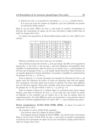 2.2 Description de la structure géométrique d’un robot

35

3. disposer les axes xj en prenant la convention xj = zj ∧ zj+1 (trièdre direct).
Il se peut que pour des raisons de simplicité, qu’il soit préférable de prendre
la convention trièdre indirect.
Dans le cas du robot AID-5, les axes zj sont posés de manière automatique en
fonction des conventions de signes sur les axes articulaires (angle positif selon la
règle du vissage selon l’axe).
Le tableau des paramètres de Denavit-Hartenberg relatif au robot AID-5 est le
suivant :
R0
R1
R2
R3
R4
R5

J
=⇒ R1
=⇒ R2
=⇒ R3
=⇒ R4
=⇒ R5
=⇒ R6

σj
0
0
0
0
0
0

αj
0
90
0
90
−90
−90

dj
0
0
D3
0
0
0

θj
rj
q1
0
q2
0
q3
0
q4 RL4
q5
0
q6
0

Trièdre
D/I
D
D/I
D
I
I

Plusieurs problèmes sont mis à jour par cet exemple.
Tout d’abord, le choix des vecteurs xj n’est pas unique. En eﬀet, si l’on regarde les
liaisons R0 =⇒ R1 et R2 =⇒ R3 , les axes zj sont soit colinéaires, soit parallèles. Pour
simpliﬁer la représentation, dans les deux cas on choisit l’axe xj correspondant de
tel sorte que le passage à l’axe xj+1 soit simple (même direction). Dans certains cas,
on regarde également la liaison précédente, de manière à simpliﬁer la représentation
du passage de l’axe xj−1 à l’axe xj .
Pour le choix de x6 , il serait nécessaire de connaître la direction de l’axe xe du
repère outil. En l’abscence de celle-ci, le choix est arbitraire mais doit être simple.
Par conséquent, seul deux choix sont retenus en général. Ces deux choix diﬀèrent
par une direction opposée. Dans notre exemple, nous avons retenu la simpliﬁcation
du passage R5 =⇒ R6 qui conduit à avoir x5 = x6 pour q6 = 0.
Dans la dernière colonne de ce tableau ﬁgure la convention prise (pour chaque
liaison), pour ﬁxer la direction de l’axe xj . Il est clair que cela revient au même
en déﬁnitif, si l’on considère que les repères R0 et Rn sont les mêmes selon les
conventions prises. La seule diﬀérence porte sur la présence et non présence dans le
tableau de rotations supplémentaires de valeur 180o = π (qui marchent par paire).
Robot manipulateur ACMA H-80 (PRR, RRR) La ﬁgure 2.4 montre le
synoptique de ce robot.
On considère le robot ACMA H-80 constitué :
– d’un porteur muni de 3 degrés de liberté (PRR)
– d’un poignet muni de 3 degrés de liberté (RRR) : une rotule d’axes concourants
Dans le cas du robot ACMA H-80, les axes zj sont posés de manière automatique
en fonction des conventions de signes sur les axes articulaires (angle positif selon la
règle du vissage selon l’axe).

 