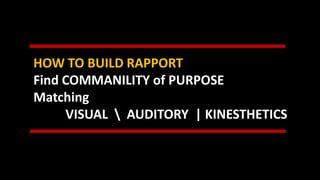 HOW TO BUILD RAPPORT
Find COMMANILITY of PURPOSE
Matching
VISUAL  AUDITORY | KINESTHETICS
 