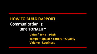HOW TO BUILD RAPPORT
Communication is:
38% TONALITY
Voice / Tone – Pitch
Tempo – Speed / Timbre – Quality
Volume - Loudness
 