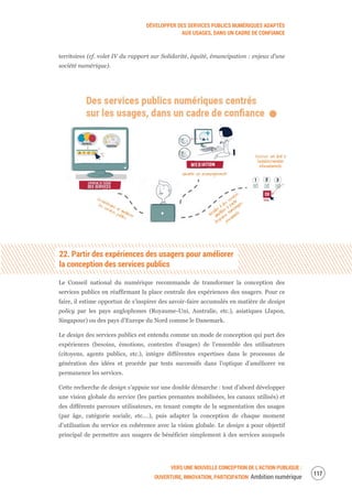 DÉVELOPPER DES SERVICES PUBLICS NUMÉRIQUES ADAPTÉS
AUX USAGES, DANS UN CADRE DE CONFIANCE
VERS UNE NOUVELLE CONCEPTION DE L’ACTION PUBLIQUE :
OUVERTURE, INNOVATION, PARTICIPATION Ambition numérique
119
territoires (cf. volet IV du rapport sur Solidarité, équité, émancipation : enjeux d’une
société numérique).
22. Partir des expériences des usagers pour améliorer
la conception des services publics
Le Conseil national du numérique recommande de transformer la conception des
services publics en réaffirmant la place centrale des expériences des usagers. Pour ce
faire, il estime opportun de s’inspirer des savoir-faire accumulés en matière de design
policy par les pays anglophones (Royaume-Uni, Australie, etc.), asiatiques (Japon,
Singapour) ou des pays d’Europe du Nord comme le Danemark.
Le design des services publics est entendu comme un mode de conception qui part des
expériences (besoins, émotions, contextes d’usages) de l’ensemble des utilisateurs
(citoyens, agents publics, etc.), intègre différentes expertises dans le processus de
génération des idées et procède par tests successifs dans l’optique d’améliorer en
permanence les services.
Cette recherche de design s’appuie sur une double démarche : tout d’abord développer
une vision globale du service (les parties prenantes mobilisées, les canaux utilisés) et
des différents parcours utilisateurs, en tenant compte de la segmentation des usages
(par âge, catégorie sociale, etc.…), puis adapter la conception de chaque moment
d’utilisation du service en cohérence avec la vision globale. Le design a pour objectif
principal de permettre aux usagers de bénéficier simplement à des services auxquels
 