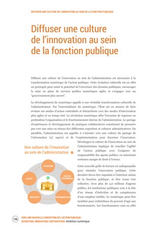 DIFFUSER UNE CULTURE DE L’INNOVATION AU SEIN DE LA FONCTION PUBLIQUE
VERS UNE NOUVELLE CONCEPTION DE L’ACTION PUBLIQUE :
OUVERTURE, INNOVATION, PARTICIPATION Ambition numérique
160
Diffuser une culture
de l’innovation au sein
de la fonction publique
Diffuser une culture de l’innovation au sein de l’administration est nécessaire à la
transformation numérique de l’action publique. Cette évolution culturelle est en effet
un prérequis pour saisir le potentiel de l’ouverture des données publiques, encourager
la mise en place de services publics numériques agiles et s’engager vers un
“gouvernement plus ouvert”.
Le développement du numérique appelle à une véritable transformation culturelle de
l’administration. Par l’intermédiaire du numérique, l’État est en mesure de faire
évoluer ses modes d’action centralisés et hiérarchisés vers des modes d’intervention
plus agiles et en temps réel. La révolution numérique offre l’occasion de repenser en
profondeur l’organisation et le fonctionnement interne de l’administration. Le partage
d’expériences et développement de pratiques collaboratives constituent de premiers
pas vers une mise en réseau des différentes expertises et cultures administratives. En
parallèle, l’administration est appelée à s’orienter vers une culture du partage de
l’information (cf. supra) et de l’expérimentation pour favoriser l’innovation.
Développer la culture de l’innovation au sein de
l’administration implique de concilier l’agilité
de l’action publique avec l’exigence de
responsabilité des agents publics, en autorisant
certaines marges de droit à l’erreur.
Cette nouvelle grille de lecture est indispensable
pour stimuler l’innovation publique. Cette
dernière devra être impulsée à l’intérieur même
de la fonction publique, et être avant tout
collective. Avec plus de 5,6 millions d’agents
publics, les institutions publiques sont à la tête
d’un réseau d’individus et de compétences
d’une ampleur inédite. Le numérique peut être
mobilisé pour redistribuer du pouvoir d’agir aux
fonctionnaires. Les fonctionnaires sont en effet
 
