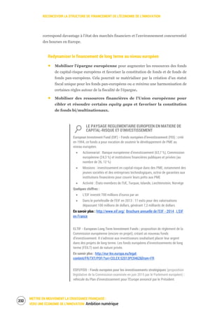RECONCEVOIR LA STRUCTURE DE FINANCEMENT DE L’ÉCONOMIE DE L’INNOVATION
METTRE EN MOUVEMENT LA CROISSANCE FRANÇAISE :
VERS UNE ÉCONOMIE DE L’INNOVATION Ambition numérique
234
correspond davantage à l’état des marchés financiers et l’environnement concurrentiel
des bourses en Europe.
Redynamiser le financement de long terme au niveau européen
Mobiliser l’épargne européenne pour augmenter les ressources des fonds
de capital-risque européens et favoriser la constitution de fonds et de fonds de
fonds pan-européens. Cela pourrait se matérialiser par la création d’un statut
fiscal unique pour les fonds pan-européens ou a minima une harmonisation de
certaines règles autour de la fiscalité de l’épargne.
Mobiliser des ressources financières de l’Union européenne pour
cibler et résoudre certains equity gaps et favoriser la constitution
de fonds bi/multinationaux.
LE PAYSAGE REGLEMENTAIRE EUROPEEN EN MATIERE DE
CAPITAL-RISQUE ET D’INVESTISSEMENT
European Investment Fund (EIF) - Fonds européen d’investissement (FEI) : créé
en 1994, ce fonds a pour vocation de soutenir le développement de PME au
niveau européen.
Actionnariat : Banque européenne d’investissement (63,7 %), Commission
européenne (24,3 %) et institutions financières publiques et privées (au
nombre de 26, 12 %)
Missions : investissement en capital-risque dans des PME, notamment des
jeunes sociétés et des entreprises technologiques, octroi de garanties aux
institutions financières pour couvrir leurs prêts aux PME
Activité : États-membres de l’UE, Turquie, Islande, Liechtenstein, Norvège
Quelques chiffres :
L’EIF investit 700 millions d’euros par an
Dans le portefeuille de l’EIF en 2013 : 17 exits pour des valorisations
dépassant 100 millions de dollars, générant 7,3 milliards de dollars
En savoir plus : http://www.eif.org/, Brochure annuelle de l'EIF - 2014 , L'EIF
en France
ELTIF - European Long Term Investment Funds : proposition de règlement de la
Commission européenne (encore en projet), créant un nouveau fonds
d’investissement. Il s’adresse aux investisseurs souhaitant placer leur argent
dans des projets de long terme. Les fonds européens d’investissements de long
terme (FEILT) sont de nature privée.
En savoir plus : http://eur-lex.europa.eu/legal-
content/FR/TXT/PDF/?uri=CELEX:52013PC0462&from=FR
ESFI/FEIS - Fonds européen pour les investissements stratégiques (proposition
législative de la Commission examinée en juin 2015 par le Parlement européen) :
véhicule du Plan d’investissement pour l’Europe annoncé par le Président
 