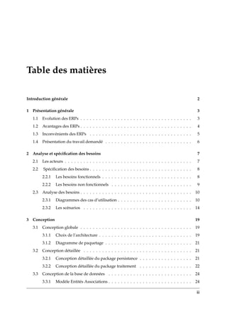 Table des matières
Introduction générale 2
1 Présentation générale 3
1.1 Evolution des ERPs . . . . . . . . . . . . . . . . . . . . . . . . . . . . . . . . . . . . 3
1.2 Avantages des ERPs . . . . . . . . . . . . . . . . . . . . . . . . . . . . . . . . . . . . 4
1.3 Inconvénients des ERPs . . . . . . . . . . . . . . . . . . . . . . . . . . . . . . . . . 5
1.4 Présentation du travail demandé . . . . . . . . . . . . . . . . . . . . . . . . . . . . 6
2 Analyse et spéciﬁcation des besoins 7
2.1 Les acteurs . . . . . . . . . . . . . . . . . . . . . . . . . . . . . . . . . . . . . . . . . 7
2.2 Spéciﬁcation des besoins . . . . . . . . . . . . . . . . . . . . . . . . . . . . . . . . . 8
2.2.1 Les besoins fonctionnels . . . . . . . . . . . . . . . . . . . . . . . . . . . . . 8
2.2.2 Les besoins non fonctionnels . . . . . . . . . . . . . . . . . . . . . . . . . . 9
2.3 Analyse des besoins . . . . . . . . . . . . . . . . . . . . . . . . . . . . . . . . . . . . 10
2.3.1 Diagrammes des cas d’utilisation . . . . . . . . . . . . . . . . . . . . . . . . 10
2.3.2 Les scénarios . . . . . . . . . . . . . . . . . . . . . . . . . . . . . . . . . . . 14
3 Conception 19
3.1 Conception globale . . . . . . . . . . . . . . . . . . . . . . . . . . . . . . . . . . . . 19
3.1.1 Choix de l’architecture . . . . . . . . . . . . . . . . . . . . . . . . . . . . . . 19
3.1.2 Diagramme de paquetage . . . . . . . . . . . . . . . . . . . . . . . . . . . . 21
3.2 Conception détaillée . . . . . . . . . . . . . . . . . . . . . . . . . . . . . . . . . . . 21
3.2.1 Conception détaillée du package persistance . . . . . . . . . . . . . . . . . 21
3.2.2 Conception détaillée du package traitement . . . . . . . . . . . . . . . . . 22
3.3 Conception de la base de données . . . . . . . . . . . . . . . . . . . . . . . . . . . 24
3.3.1 Modèle Entités Associations . . . . . . . . . . . . . . . . . . . . . . . . . . . 24
ii
 
