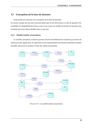 CHAPITRE 3. CONCEPTION
3.3 Conception de la base de données
Cette partie est consacrée à la conception de la base de données.
En tenant compte des diverses fonctionnalités que le site doit assurer et aﬁn de garantir l’ex-
tensibilité et l’adaptabilité de la base, nous avons conçu un modèle de la base de données rela-
tionnelle que nous allons détailler dans ce qui suit.
3.3.1 Modèle Entités Associations
Le modèle conceptuel ci-dessous permet d’écrire formellement les données qui seront uti-
lisées par notre application. Il s’agit donc d’une représentation de données facilement compré-
hensible, décrivant le système à l’aide des entités associations.
FIGURE 3.5 – Le modèle entités associations
24
 