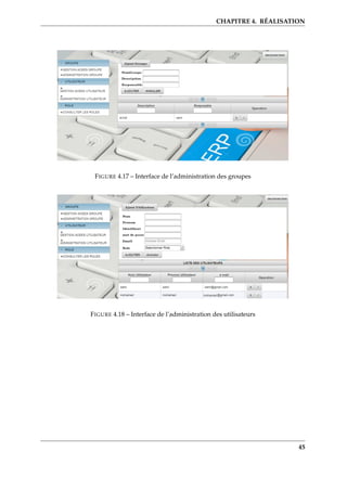 CHAPITRE 4. RÉALISATION
FIGURE 4.17 – Interface de l’administration des groupes
FIGURE 4.18 – Interface de l’administration des utilisateurs
45
 