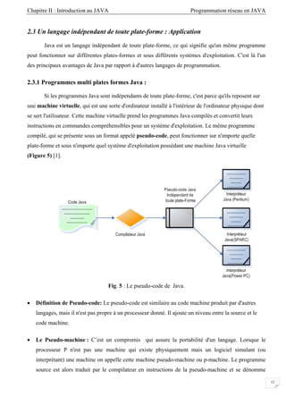 Chapitre II : Introduction au JAVA Programmation réseau en JAVA
12
2.3 Un langage indépendant de toute plate-forme : Application
Java est un langage indépendant de toute plate-forme, ce qui signifie qu'un même programme
peut fonctionner sur différentes plates-formes et sous différents systèmes d'exploitation. C'est là l'un
des principaux avantages de Java par rapport à d'autres langages de programmation.
2.3.1 Programmes multi plates formes Java :
Si les programmes Java sont indépendants de toute plate-forme, c'est parce qu'ils reposent sur
une machine virtuelle, qui est une sorte d'ordinateur installé à l'intérieur de l'ordinateur physique dont
se sert l'utilisateur. Cette machine virtuelle prend les programmes Java compilés et convertit leurs
instructions en commandes compréhensibles pour un système d'exploitation. Le même programme
compilé, qui se présente sous un format appelé pseudo-code, peut fonctionner sur n'importe quelle
plate-forme et sous n'importe quel système d'exploitation possédant une machine Java virtuelle
(Figure 5) [1].
Fig. 5 : Le pseudo-code de Java.
• Définition de Pseudo-code: Le pseudo-code est similaire au code machine produit par d'autres
langages, mais il n'est pas propre à un processeur donné. Il ajoute un niveau entre la source et le
code machine.
• Le Pseudo-machine : C’est un compromis qui assure la portabilité d'un langage. Lorsque le
processeur P n'est pas une machine qui existe physiquement mais un logiciel simulant (ou
interprétant) une machine on appelle cette machine pseudo-machine ou p-machine. Le programme
source est alors traduit par le compilateur en instructions de la pseudo-machine et se dénomme
 