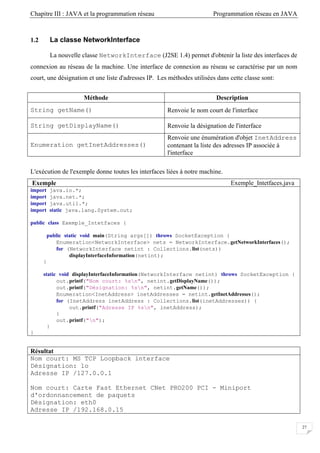 Chapitre III : JAVA et la programmation réseau Programmation réseau en JAVA
27
1.2 La classe NetworkInterface
La nouvelle classe NetworkInterface (J2SE 1.4) permet d'obtenir la liste des interfaces de
connexion au réseau de la machine. Une interface de connexion au réseau se caractérise par un nom
court, une désignation et une liste d'adresses IP. Les méthodes utilisées dans cette classe sont:
Méthode Description
String getName() Renvoie le nom court de l'interface
String getDisplayName() Renvoie la désignation de l'interface
Enumeration getInetAddresses()
Renvoie une énumération d'objet InetAddress
contenant la liste des adresses IP associée à
l'interface
L'exécution de l'exemple donne toutes les interfaces liées à notre machine.
Exemple Exemple_Intetfaces.java
import java.io.*;
import java.net.*;
import java.util.*;
import static java.lang.System.out;
public class Exemple_Intetfaces {
public static void main(String args[]) throws SocketException {
Enumeration<NetworkInterface> nets = NetworkInterface.getNetworkInterfaces();
for (NetworkInterface netint : Collections.list(nets))
displayInterfaceInformation(netint);
}
static void displayInterfaceInformation(NetworkInterface netint) throws SocketException {
out.printf("Nom court: %sn", netint.getDisplayName());
out.printf("Désignation: %sn", netint.getName());
Enumeration<InetAddress> inetAddresses = netint.getInetAddresses();
for (InetAddress inetAddress : Collections.list(inetAddresses)) {
out.printf("Adresse IP %sn", inetAddress);
}
out.printf("n");
}
}
Résultat
Nom court: MS TCP Loopback interface
Désignation: lo
Adresse IP /127.0.0.1
Nom court: Carte Fast Ethernet CNet PRO200 PCI - Miniport
d'ordonnancement de paquets
Désignation: eth0
Adresse IP /192.168.0.15
 