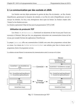 Chapitre III : JAVA et la programmation réseau Programmation réseau en JAVA
28
2. La communication par des sockets et JAVA
Les Sockets sont des objets permettant la gestion de deux flux de données : un flux d'entrée
(InputStream), garantissant la réception des données, et un flux de sortie (OutputStream), servant à
envoyer les données. En Java, nous distinguerons deux types de Socket: les Sockets simples (dits
"clients") et les Sockets serveurs.
Les Sockets représentent l'objet de base pour la programmation TCP et UDP.
Utilisation du protocole TCP
Les classes URL et URLConnection fournissent un mécanisme de haut niveau pour l'accès aux
ressources à l'Internet. Mais par fois, nos programmes nécessitent une communication réseau de bas
niveau, par exemple l'écriture des applications Client/Serveur.
Le paquet java.net offre une communication à double sens entre deux programmes exécute dans
un réseau. Les classes du Socket et ServerSocket sont utilisées pour faire la liaison entre le
programme client et le programme serveur.
Le schéma suivant illustre le mécanisme de communication entre le serveur et le client.
Fig. 12 : Communication par TCP
 