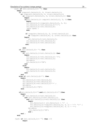 Simulation d’un système à temps partagé 20
cas4: if (st1.cells[3,1]<> '') then
begin
if (copy(st1.Cells[2,2], 0, 1)=st1.Cells[3,1])
or (copy(st1.Cells[2,3], 0, 1)=st1.Cells[3,1])
or (copy(st1.Cells[2,4], 0, 1)=st1.Cells[3,1]) then
begin
if(st1.Cells[3,1]= copy(st1.Cells[2,2], 0, 1))then
begin
st1.Cells[3,2]:=copy(st1.Cells[2,2], 0, 2);
st1.Cells[3,3]:=st1.Cells[2,3]+'<-';
st1.Cells[3,4]:=st1.Cells[2,4];
{goto Cas6; }
end;
if (copy(st1.Cells[2,3], 0, 1)=st1.Cells[3,1])
or (copy(st1.Cells[2,4], 0, 1)=st1.Cells[3,1]) then
begin
st1.Cells[3,2]:=st1.Cells[2,2];
st1.Cells[3,3]:=st1.Cells[2,3];
st1.Cells[3,4]:=st1.Cells[2,4];
end;
end;
if (st1.Cells[2,3]= '') then
begin
if (st1.Cells[2,1]<>st1.Cells[3,1]) then
begin
st1.Cells[3,3]:=st1.Cells[3,1]+ '+';
st1.Cells[3,2]:=st1.Cells[2,2];
DP:=DP+1;
st1.Cells[3,5]:='DP';
end
else
begin
st1.Cells[3,2]:=st1.Cells[2,2];
st1.Cells[3,3]:=st1.Cells[2,3];
end;
end
else if (st1.Cells[2,4]='') then
begin
st1.Cells[3,2]:=st1.Cells[2,2];
st1.Cells[3,3]:=st1.Cells[2,3];
st1.Cells[3,4]:=st1.Cells[3,1]+'+' ;
DP:=DP+1;
st1.Cells[3,5]:='DP';
end;
if(st1.Cells[2,3]<>'')and(st1.Cells[2,4]<>'')then
begin
if (st1.Cells[3,1]<>st1.Cells[0,1])
and (st1.Cells[3,1]<>st1.Cells[1,1])
and (st1.Cells[3,1]<>st1.Cells[2,1]) then
begin
st1.Cells[3,2]:= st1.Cells[3,1] + '+' ;
st1.Cells[3,3]:=copy(st1.Cells[2,3], 0, 1) + '-'+ '<-' ;
st1.Cells[3,4]:=copy(st1.Cells[2,4], 0, 1) + '-';
DP:=DP+1;
st1.Cells[3,5]:='DP';
end ;
end ;
end;
Cas6: if (st1.cells[4,1]<> '') then //5
begin
 