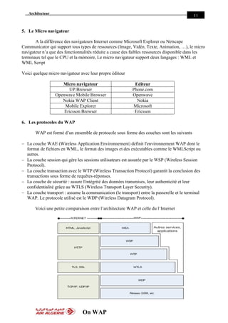 Architecteur
On WAP
11
5. Le Micro navigateur
A la différence des navigateurs Internet comme Microsoft Explorer ou Netscape
Communicator qui support tous types de ressources (Image, Vidéo, Texte, Animation, …), le micro
navigateur n’a que des fonctionnalités réduite a cause des faibles ressources disponible dans les
terminaux tel que le CPU et la mémoire, Le micro navigateur support deux langages : WML et
WML Script
Voici quelque micro navigateur avec leur propre éditeur
Micro navigateur Editeur
UP.Browser Phone.com
Openwave Mobile Browser Openwave
Nokia WAP Client Nokia
Mobile Explorer Microsoft
Ericsson Browser Ericsson
6. Les protocoles du WAP
WAP est formé d’un ensemble de protocole sous forme des couches sont les suivants
 La couche WAE (Wireless Application Environnement) définit l'environnement WAP dont le
format de fichiers en WML, le format des images et des exécutables comme le WMLScript ou
autres.
 La couche session qui gère les sessions utilisateurs est assurée par le WSP (Wireless Session
Protocol).
 La couche transaction avec le WTP (Wireless Transaction Protocol) garantit la conclusion des
transactions sous forme de requêtes-réponses.
 La couche de sécurité : assure l'intégrité des données transmises, leur authenticité et leur
confidentialité grâce au WTLS (Wireless Transport Layer Security).
 La couche transport : assume la communication (le transport) entre la passerelle et le terminal
WAP. Le protocole utilisé est le WDP (Wireless Datagram Protocol).
Voici une petite comparaison entre l’architecture WAP et celle du l’Internet
 