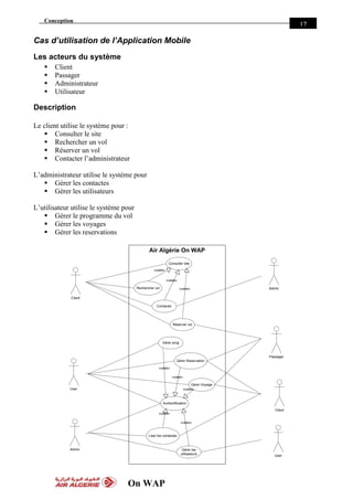 Conception
On WAP
17
Cas d’utilisation de l’Application Mobile
Les acteurs du système
 Client
 Passager
 Administrateur
 Utilisateur
Description
Le client utilise le système pour :
 Consulter le site
 Rechercher un vol
 Réserver un vol
 Contacter l’administrateur
L’administrateur utilise le système pour
 Gérer les contactes
 Gérer les utilisateurs
L’utilisateur utilise le système pour
 Gérer le programme du vol
 Gérer les voyages
 Gérer les reservations
Air Algérie On WAP
Consulter site
Réserver vol
Rechercher vol
Contacter
Gérer prog
Admin
«uses»
«uses»
«uses»
User
Gérer Reservation
Client
Gérer les
utilisateurs User
Liser les contactes
Gérer Voyage
Passager
Client
Authentification
«uses»
«uses»
«uses»
«uses»
«uses»
Admin
 