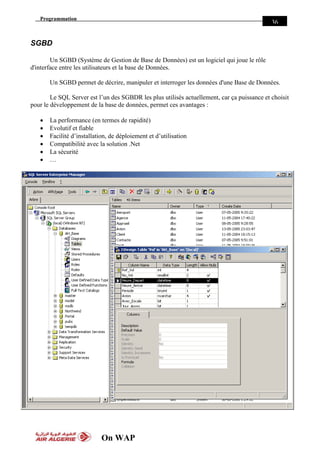 Programmation
On WAP
36
SGBD
Un SGBD (Système de Gestion de Base de Données) est un logiciel qui joue le rôle
d'interface entre les utilisateurs et la base de Données.
Un SGBD permet de décrire, manipuler et interroger les données d'une Base de Données.
Le SQL Server est l’un des SGBDR les plus utilisés actuellement, car ça puissance et choisit
pour le développement de la base de données, permet ces avantages :
 La performance (en termes de rapidité)
 Evolutif et fiable
 Facilité d’installation, de déploiement et d’utilisation
 Compatibilité avec la solution .Net
 La sécurité
 …
 