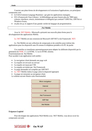On WAP
Outils
41
Consiste une plate-forme de développement et d’exécution d’applications, ces principaux
composants sont
 le CLR (Common Language Runtime) : qui gère les applications managées
 FCL (Framework Class Library) : la bibliothèque qui peut fournir plus de 7000 types
(classes, interfaces, structs, énumérateurs et délégués) qui contient l’ADO.Net, ASP.Net et
Windows Forms,
 en plus de ça, le support d’une grande variété de langages de programmation.
.Net Mobile
Avec le .NET Mobile ; Microsoft a présenté une nouvelle plate-forme pour le
développement des applications Mobile.
Le .NET Mobile est une extension de Microsoft ASP.NET et de Framework .NET.
Le .Net Mobile est une collection de composants et de contrôles pour réaliser des
applications pour les dispositifs sans fil comme le téléphone portable et le PC de poche
Ces contrôles ce transforme automatiquement pour adapter les déférents dispositifs par la
génération de WML 1.1, le HTML 3.2 ou le HTML minime.
Fonctionnement de .Net Mobile
Pour accéder à une application web mobile :
 Le navigateur client demande une page web
 La requête est envoyée au serveur
 La requête est reçue par l’IIS
 La requête est traitée par .Net Framework
 La page demandée est compilée par ASP.NET
 Le .NET Mobile réalise le page selon le dispositif approprié
 La page est retournée au navigateur client
Le schéma suivant illustre cette fonctionnalité
Micro navigateur
Internet
IIS
.Net Framework
ASP.Net
.Net Mobile
Exigences Logiciel
Pour développer des applications Web Mobile avec .NET Mobile, vous devez avoir les
composants suivants
 