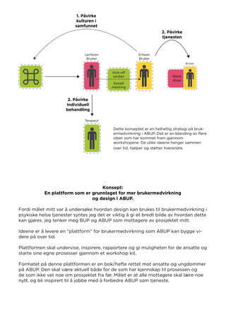 Konsept:
En plattform som er grunnlaget for mer brukermedvirkning
og design i ABUP.
Fordi målet mitt var å undersøke hvordan design kan brukes til brukermedvirkning i
psykiske helse tjenester syntes jeg det er viktig å gi et bredt bilde av hvordan dette
kan gjøres. jeg tenker meg BUP og ABUP som mottagere av prosjektet mitt.
Ideene er å levere en “plattform” for brukermedvirkning som ABUP kan bygge vi-
dere på over tid.
Plattformen skal undervise, inspirere, rapportere og gi muligheten for de ansatte og
starte sine egne prosesser gjennom et workshop kit.
Formatet på denne plattformen er en bok/hefte rettet mot ansatte og ungdommer
på ABUP. Den skal være aktuell både for de som har kjennskap til prosessen og
de som ikke vet noe om prosjektet fra før. Målet er at alle mottagere skal lære noe
nytt, og bli inspirert til å jobbe med å forbedre ABUP som tjeneste.
Dette konseptet er en helhetlig strategi på bruk-
ermedvirkning i ABUP. Det er en blanding av flere
ideer som har kommet fram gjennom
workshopene. De ulike ideene henger sammen
over tid, hjelper og støtter hverandre.
 