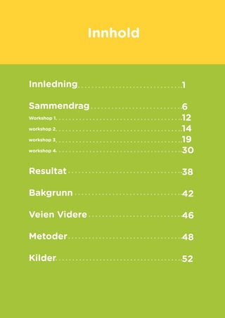 Innhold
Innledning
Sammendrag
Workshop 1
workshop 2
workshop 3
workshop 4
Resultat
Bakgrunn
Veien Videre
Metoder
Kilder
1
6
12
14
19
30
38
42
46
48
52
 
