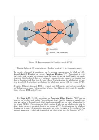Figure 2.3: Les composants de l'architecture de MPLS
Comme la gure 2.3 nous présente, il existe plusieurs types des composants.
Le premier dispositif à mentionner est le routeur commutateur de label ou LSR,
Label Switch Router ou encore, Provider Router, P. Appartient à cette
catégorie tout routeur ou commutateur du c÷ur réseau qui implémente les procé-
dures de distribution de labels et qui peut transmettre des paquets en fonction des
labels. La principale fonction des procédures de distribution de label est de perme-
ttre à un LSR de distribuer ses liaisons de labels aux autres LSR du réseau MPLS.
Il existe diérents types de LSR et ceux-ci sont diérenciés par les fonctionnalités
qu'ils fournissent dans l'infrastructure réseau. Ces diérents types ont des appella-
tions tels que LSR périphérique.
Un Edge LSR, E-LSR, ou encore un Provider Edge Router, PE est un
routeur de bordure qui réalise l'imposition de label (parfois également appelée ac-
tion push) ou la disposition de label (également appelée action pop) à la périphérie
du réseau MPLS. L'imposition de label consiste à aecter un label ou une pile de
label à des paquets, au point d'entrée au réseau MPLS. La disposition de label est
l'opération inverse; elle consiste à supprimer au point de sortie le dernier label d'un
paquet, avant que celui-ci soit transmis à un voisin situé hors du domaine MPLS.
11
 