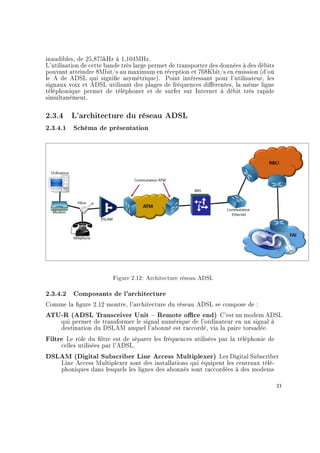 inaudibles, de 25,875kHz à 1,104MHz.
L'utilisation de cette bande très large permet de transporter des données à des débits
pouvant atteindre 8Mbit/s au maximum en réception et 768Kbit/s en émission (d'où
le A de ADSL qui signie asymétrique). Point intéressant pour l'utilisateur, les
signaux voix et ADSL utilisant des plages de fréquences diérentes, la même ligne
téléphonique permet de téléphoner et de surfer sur Internet à débit très rapide
simultanément.
2.3.4 L'architecture du réseau ADSL
2.3.4.1 Schéma de présentation
Figure 2.12: Architecture réseau ADSL
2.3.4.2 Composants de l'architecture
Comme la gure 2.12 montre, l'architecture du réseau ADSL se compose de :
ATU-R (ADSL Transceiver Unit  Remote oce end) C'est un modem ADSL
qui permet de transformer le signal numérique de l'ordinateur en un signal à
destination du DSLAM auquel l'abonné est raccordé, via la paire torsadée.
Filtre Le rôle du ltre est de séparer les fréquences utilisées par la téléphonie de
celles utilisées par l'ADSL.
DSLAM (Digital Subscriber Line Access Multiplexer) Les Digital Subscriber
Line Access Multiplexer sont des installations qui équipent les centraux télé-
phoniques dans lesquels les lignes des abonnés sont raccordées à des modems
21
 