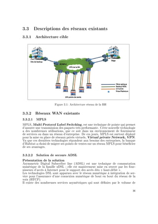 3.3 Descriptions des réseaux existants
3.3.1 Architecture cible
Figure 3.1: Architecture réseau de la BH
3.3.2 Réseaux WAN existants
3.3.2.1 MPLS
MPLS, Multi Protocol Label Switching, est une technique de pointe qui permet
d'assurer une transmission des paquets très performante. Cette nouvelle technologie
a des nombreuses utilisations, que ce soit dans un environnement de fournisseur
de services ou dans un réseau d'entreprise. De ces jours, MPLS est surtout déployé
pour la mise en place de réseaux privés virtuels, Virtual private Network, VPN.
Vu que ces dernières technologies répondent aux besoins des entreprises, la banque
d'Habitat a choisi de migrer ses points de ventes sur un réseau MPLS pour bénécier
de ses avantages.
3.3.2.2 Solution de secours ADSL
Présentation de la solution
Asymmetric Digital Subscriber line (ADSL) est une technique de commutation
numérique de la famille xDSL ; elle est massivement mise en ÷uvre par les four-
nisseurs d'accès à Internet pour le support des accès dits  haut-débit .
Les technologies DSL sont apparues avec le réseau numérique à intégration de ser-
vice pour l'assurance d'une connexion numérique de bout en bout du réseau de la
voix (RTCP).
Il existe des nombreuses services asymétriques qui sont dénies par le volume de
36
 