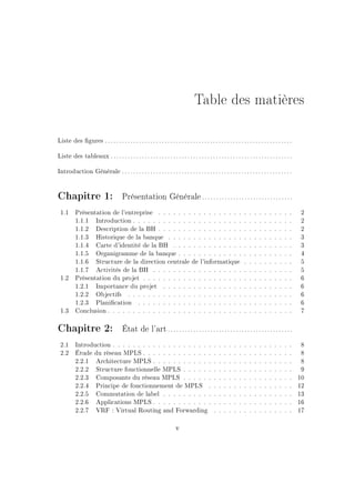 Table des matières
Liste des gures ..................................................................
Liste des tableaux ................................................................
Introduction Générale ............................................................
Chapitre 1: Présentation Générale ................................
1.1 Présentation de l'entreprise . . . . . . . . . . . . . . . . . . . . . . . . . . . 2
1.1.1 Introduction . . . . . . . . . . . . . . . . . . . . . . . . . . . . . . . . 2
1.1.2 Description de la BH . . . . . . . . . . . . . . . . . . . . . . . . . . . 2
1.1.3 Historique de la banque . . . . . . . . . . . . . . . . . . . . . . . . . 3
1.1.4 Carte d'identité de la BH . . . . . . . . . . . . . . . . . . . . . . . . 3
1.1.5 Organigramme de la banque . . . . . . . . . . . . . . . . . . . . . . . 4
1.1.6 Structure de la direction centrale de l'informatique . . . . . . . . . . 5
1.1.7 Activités de la BH . . . . . . . . . . . . . . . . . . . . . . . . . . . . 5
1.2 Présentation du projet . . . . . . . . . . . . . . . . . . . . . . . . . . . . . . 6
1.2.1 Importance du projet . . . . . . . . . . . . . . . . . . . . . . . . . . 6
1.2.2 Objectifs . . . . . . . . . . . . . . . . . . . . . . . . . . . . . . . . . 6
1.2.3 Planication . . . . . . . . . . . . . . . . . . . . . . . . . . . . . . . 6
1.3 Conclusion . . . . . . . . . . . . . . . . . . . . . . . . . . . . . . . . . . . . . 7
Chapitre 2: État de l'art ............................................
2.1 Introduction . . . . . . . . . . . . . . . . . . . . . . . . . . . . . . . . . . . . 8
2.2 Étude du réseau MPLS . . . . . . . . . . . . . . . . . . . . . . . . . . . . . . 8
2.2.1 Architecture MPLS . . . . . . . . . . . . . . . . . . . . . . . . . . . . 8
2.2.2 Structure fonctionnelle MPLS . . . . . . . . . . . . . . . . . . . . . . 9
2.2.3 Composants du réseau MPLS . . . . . . . . . . . . . . . . . . . . . . 10
2.2.4 Principe de fonctionnement de MPLS . . . . . . . . . . . . . . . . . 12
2.2.5 Commutation de label . . . . . . . . . . . . . . . . . . . . . . . . . . 13
2.2.6 Applications MPLS . . . . . . . . . . . . . . . . . . . . . . . . . . . . 16
2.2.7 VRF : Virtual Routing and Forwarding . . . . . . . . . . . . . . . . 17
v
 