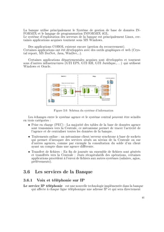 La banque utilise principalement le Système de gestion de base de données IN-
FORMIX et le langage de programmation INFORMIX 4GL.
Le système d'exploitation des serveurs de la banque est principalement Linux, cer-
taines applications acquises tournent sous MS Windows.
Des applications COBOL existent encore (gestion du recouvrement).
Certaines applications ont été développées avec des outils graphiques et web (Crys-
tal report, MS DotNet, Java, WinDev,..).
Certaines applications départementales acquises sont développées et tournent
sous d'autres infrastructures (GTI EPS, GTI RH, GTI Juridique,. . . ) qui utilisent
Windows et Oracle.
Figure 3.6: Schéma du système d'information
Les échanges entre le système agence et le système central peuvent être scindés
en trois catégories :
ˆ Prise en charge (PEC) : La majorité des tables de la base de données agence
sont transmises vers la Centrale, ce mécanisme permet de tracer l'activité de
l'agence et de centraliser toutes les données de la banque.
ˆ Traitements online : un mécanisme client/serveur synchrone à base de sockets
qui permet d'invoquer des services situés au niveau de la Centrale ou sur
d'autres agences, comme par exemple la consultation du solde d'un client
ayant un compte dans une agence diérente.
ˆ Transfert de chiers : En n de journée un ensemble de chiers sont générés
et transférés vers la Centrale : états récapitulatifs des opérations, certaines
applications procèdent à l'envoi de chiers aux autres systèmes (salaires, agios,
prélèvements).
3.6 Les services de la Banque
3.6.1 Voix et téléphonie sur IP
Le service IP téléphonie est une nouvelle technologie implémentée dans la banque
qui aecte à chaque ligne téléphonique une adresse IP et qui sera directement
41
 