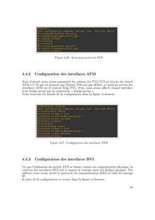 Figure 4.26: Activation protocole PPP
4.4.2 Conguration des interfaces ATM
Tout d'abord, nous avons paramétré les valeurs des PVI/VCI au niveau du switch
ATM à 0/35 qui est proposé par Tunisie Télécom par défaut, et aussi au niveau des
interfaces ATM sur le routeur Edge PE1. Puis, nous avons aecté chaque interface
à un bridge group par la commande  bridge-group .
Nous trouvons les détails de la conguration dans la gure ci-dessous :
Figure 4.27: Conguration des interfaces ATM
4.4.3 Conguration des interfaces BVI
Vu que l'utilisation du switch ATM se limite comme un comportement physique, la
création des interfaces BVI sert à assurer le routage entre les bridges groupes. Par
ailleurs, nous avons activé le protocole de communication IEEE et celui du routage
IP.
la suite de la conguration se trouve dans la gure ci-dessous :
60
 