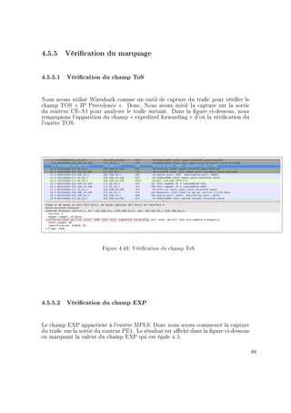 4.5.5 Vérication du marquage
4.5.5.1 Vérication du champ ToS
Nous avons utilisé Wireshark comme un outil de capture du trac pour vérier le
champ TOS  IP Precedence . Donc, Nous avons initié la capture sur la sortie
du routeur CE-A1 pour analyser le trac sortant. Dans la gure ci-dessous, nous
remarquons l'apparition du champ  expedited forwarding  d'où la vérication du
l'entête TOS.
Figure 4.44: Vérication du champ ToS
4.5.5.2 Vérication du champ EXP
Le champ EXP appartient à l'entête MPLS. Donc nous avons commencé la capture
du trac sur la sortie du routeur PE1. Le résultat est aché dans la gure ci-dessous
en marquant la valeur du champ EXP qui est égale à 5.
69
 