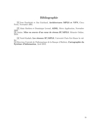 Bibliographie
[1] Ivan Pepelnjak et Jim Guichard, Architectures MPLS et VPN, Cisco
Press, Novembre 2001.
[2] Alain Mathieu et Dominique Lerond, ADSL, Micro Application, Novembre
2004.
[3] Amine, Mise en ÷uvre d'un c÷ur de réseau IP/MPLS, Mémoire Online,
2010.
[4] Yazid Karkab, Les réseaux IP/MPLS, Université Paris Est-Marne la val-
lée.
[5] Direction Centrale de l'Informatique de la Banque d'Habitat, Cartographie du
Système d'Information, Avril 2012.
79
 