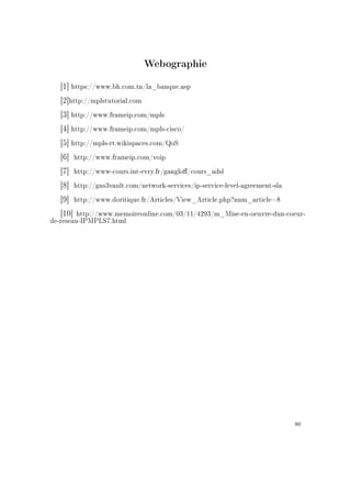Webographie
[1] https://www.bh.com.tn/la_banque.asp
[2]http://mplstutorial.com
[3] http://www.frameip.com/mpls
[4] http://www.frameip.com/mpls-cisco/
[5] http://mpls-rt.wikispaces.com/QoS
[6] http://www.frameip.com/voip
[7] http://www-cours.int-evry.fr/ganglo/cours_adsl
[8] http://gns3vault.com/network-services/ip-service-level-agreement-sla
[9] http://www.doritique.fr/Articles/View_Article.php?num_article=8
[10] http://www.memoireonline.com/03/11/4293/m_Mise-en-oeuvre-dun-coeur-
de-reseau-IPMPLS7.html
80
 