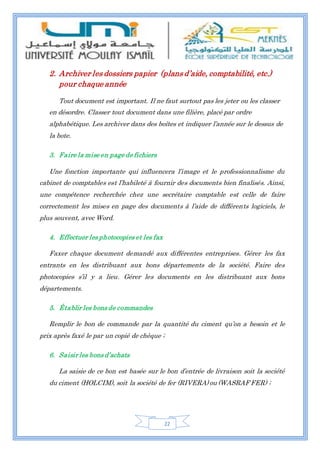 22
2. Archiver les dossiers papier (plans d’aide, comptabilité, etc.)
pour chaque année
Tout document est important. Il ne faut surtout pas les jeter ou les classer
en désordre. Classer tout document dans une filière, placé par ordre
alphabétique. Les archiver dans des boîtes et indiquer l’année sur le dessus de
la bote.
3. Faire la mise en page de fichiers
Une fonction importante qui influencera l’image et le professionnalisme du
cabinet de comptables est l’habileté à fournir des documents bien finalisés. Ainsi,
une compétence recherchée chez une secrétaire comptable est celle de faire
correctement les mises en page des documents à l’aide de différents logiciels, le
plus souvent, avec Word.
4. Effectuer les photocopies et les fax
Faxer chaque document demandé aux différentes entreprises. Gérer les fax
entrants en les distribuant aux bons départements de la société. Faire des
photocopies s’il y a lieu. Gérer les documents en les distribuant aux bons
départements.
5. Établir les bons de commandes
Remplir le bon de commande par la quantité du ciment qu’on a besoin et le
prix après faxé le par un copié de chèque ;
6. Saisir les bons d’achats
La saisie de ce bon est basée sur le bon d’entrée de livraison soit la société
du ciment (HOLCIM), soit la société de fer (RIVERA) ou (WASRAF FER) ;
 