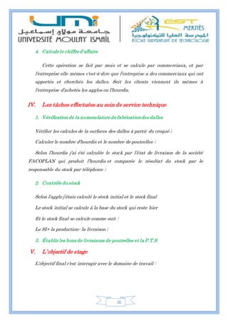 26
4. Calcule le chiffre d’affaire
Cette opération se fait par mois et se calcule par commerciaux, et par
l’entreprise elle mêmes c'est-à-dire que l’entreprise a des commerciaux qui ont
apportés et cherchés les dalles. Soit les clients viennent ils mêmes à
l’entreprise d’achetés les agglos ou l’hourdis.
IV. Les tâches effectuées au sein de service technique
1. Vérification de la nomenclature de fabricationdes dalles
Vérifier les calcules de la surfaces des dalles à partir du croqué ;
Calculer le nombre d’hourdis et le nombre de poutrelles ;
Selon l’hourdis j’ai été calculée le stock par l’état de livraison de la société
FACOPLAN qui produit l’hourdis et comparée le résultat du stock par le
responsable du stock par téléphone ;
2. Contrôle du stock
Selon l’agglo j’étais calculé le stock initial et le stock final
Le stock initial se calcule à la base du stock qui reste hier
Et le stock final se calcule comme suit :
Le SI+ la production- la livraison ;
3. Établir les bons de livraisons de poutrelles et la P.T.S
V. L’objectif de stage
L’objectif final c’est interagir avec le domaine de travail :
 