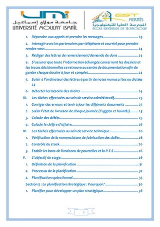 3
1. Répondre aux appels et prendre les messages................................... 23
2. Interagir avec les partenaires par téléphone et courriel pour prendre
rendez-vous ............................................................................................24
3. Rédiger des lettres de remerciement/demande de dons ....................24
4. S’assurer que toute l’information échangée concernant les dossiers et
les traces décisionnelles se retrouve au centrede documentation afin de
garder chaque dossier à jour et complet..................................................24
5. Saisir à l’ordinateur des lettres à partir de notes manuscrites ou dictées
24
6. Détecter les besoins des clients .........................................................24
III. Les tâches effectuées au sein de serviceadministratif........................ 25
1. Corriger des erreurs et tenir à jour les différents documents ............. 25
2. Saisir l’état de livraison de chaque journée (l’agglos et hourdis)........ 25
3. Calcule des débits.............................................................................. 25
4. Calcule le chiffre d’affaire..................................................................26
IV. Les tâches effectuées au sein de service technique ............................26
1. Vérification de la nomenclature de fabrication des dalles..................26
2. Contrôle du stock..............................................................................26
3. Établir les bons de livraisons de poutrelles et la P.T.S ........................26
V. L’objectif de stage.............................................................................26
1. Définition de la planification..............................................................31
2. Processus de la planification ............................................................. 32
2. Planification opérationnel................................................................. 35
Section 3 : La planification stratégique : Pourquoi ?.................................36
1. Planifier pour développer un plan stratégique...................................36
 