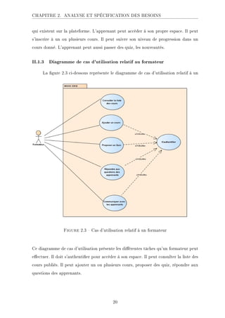 CHAPITRE 2. ANALYSE ET SPÉCIFICATION DES BESOINS
qui existent sur la plateforme. L'apprenant peut accéder à son propre espace. Il peut
s'inscrire à un ou plusieurs cours. Il peut suivre son niveau de progression dans un
cours donné. L'apprenant peut aussi passer des quiz, les nouveautés.
II.1.3 Diagramme de cas d'utilisation relatif au formateur
La gure 2.3 ci-dessous représente le diagramme de cas d'utilisation relatif à un
formateur.
Figure 2.3  Cas d'utilisation relatif à un formateur
Ce diagramme de cas d'utilisation présente les diérentes tâches qu'un formateur peut
eectuer. Il doit s'authentier pour accéder à son espace. Il peut consulter la liste des
cours publiés. Il peut ajouter un ou plusieurs cours, proposer des quiz, répondre aux
questions des apprenants.
20
 