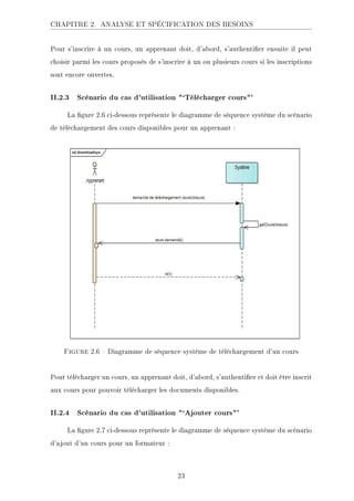 CHAPITRE 2. ANALYSE ET SPÉCIFICATION DES BESOINS
Pour s'inscrire à un cours, un apprenant doit, d'abord, s'authentier ensuite il peut
choisir parmi les cours proposés de s'inscrire à un ou plusieurs cours si les inscriptions
sont encore ouvertes.
II.2.3 Scénario du cas d'utilisation `Télécharger cours'
La gure 2.6 ci-dessous représente le diagramme de séquence système du scénario
de téléchargement des cours disponibles pour un apprenant :
Figure 2.6  Diagramme de séquence système de téléchargement d'un cours
Pour télécharger un cours, un apprenant doit, d'abord, s'authentier et doit être inscrit
aux cours pour pouvoir télécharger les documents disponibles.
II.2.4 Scénario du cas d'utilisation `Ajouter cours'
La gure 2.7 ci-dessous représente le diagramme de séquence système du scénario
d'ajout d'un cours pour un formateur :
23
 