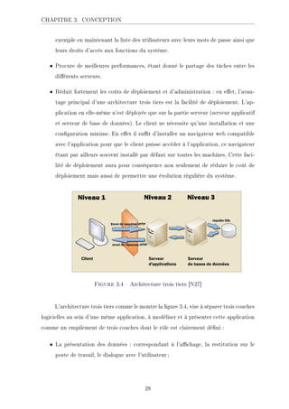 CHAPITRE 3. CONCEPTION
exemple en maintenant la liste des utilisateurs avec leurs mots de passe ainsi que
leurs droits d'accès aux fonctions du système.
• Procure de meilleures performances, étant donné le partage des tâches entre les
diérents serveurs.
• Réduit fortement les coûts de déploiement et d'administration : en eet, l'avan-
tage principal d'une architecture trois tiers est la facilité de déploiement. L'ap-
plication en elle-même n'est déployée que sur la partie serveur (serveur applicatif
et serveur de base de données). Le client ne nécessite qu'une installation et une
conguration minime. En eet il sut d'installer un navigateur web compatible
avec l'application pour que le client puisse accéder à l'application, ce navigateur
étant par ailleurs souvent installé par défaut sur toutes les machines. Cette faci-
lité de déploiement aura pour conséquence non seulement de réduire le coût de
déploiement mais aussi de permettre une évolution régulière du système.
Figure 3.4  Architecture trois tiers [N27]
L'architecture trois tiers comme le montre la gure 3.4, vise à séparer trois couches
logicielles au sein d'une même application, à modéliser et à présenter cette application
comme un empilement de trois couches dont le rôle est clairement déni :
• La présentation des données : correspondant à l'achage, la restitution sur le
poste de travail, le dialogue avec l'utilisateur ;
28
 