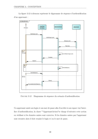 CHAPITRE 3. CONCEPTION
La gure 3.12 ci-dessous représente le digaramme de séquence d'authentication
d'un apprenant :
Figure 3.12  Diagramme de séquence du scénario d'authentication
Un apprenant saisit son login et son mot de passe an d'accéder à son espace via l'inter-
face d'authentication, la classe `ApprenantActionse charge d'exécuter cette action
en vériant si les données saisies sont correctes. Si les données saisies par l'apprenant
sont erronées alors il doit resaisir le login et/ou le mot de passe.
39
 