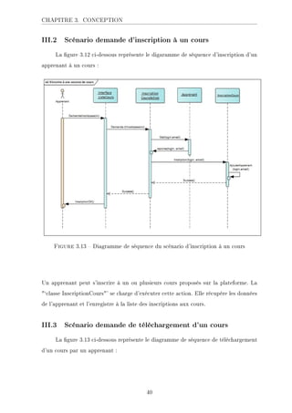 CHAPITRE 3. CONCEPTION
III.2 Scénario demande d'inscription à un cours
La gure 3.12 ci-dessous représente le digaramme de séquence d'inscription d'un
apprenant à un cours :
Figure 3.13  Diagramme de séquence du scénario d'inscription à un cours
Un apprenant peut s'inscrire à un ou plusieurs cours proposés sur la plateforme. La
`classe InscriptionCours' se charge d'exécuter cette action. Elle récupére les données
de l'apprenant et l'enregistre à la liste des inscriptions aux cours.
III.3 Scénario demande de téléchargement d'un cours
La gure 3.13 ci-dessous représente le diagramme de séquence de téléchargement
d'un cours par un apprenant :
40
 